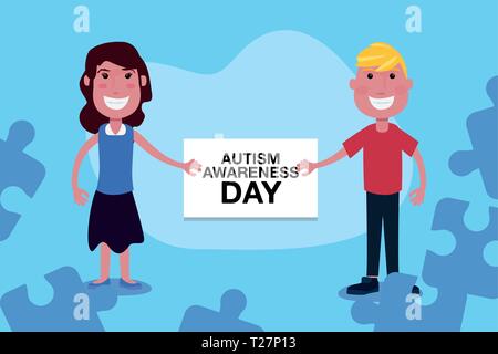 autism awareness day boy and girl with board vector illustration Stock Vector