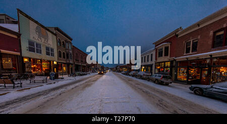 FEBRUARY 18, 2019 - TELLURIDE COLORADO USA - Downtown Telluride Colorado in snow storm in February - ski resort town at dusk Stock Photo