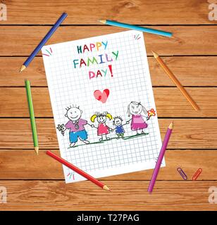 Happy Family Day Greeting Card. Perfect Loving Family Holding Hands, Adopted or Native Children Being Supported by Loving Parents. Mom, Dad, Son and D Stock Vector