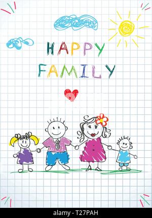 Happy Family Holding Hands Baby Drawing on Checkered Sheet. Doodle Picture of Mother, Father, Daughter and Son Stand on Grass under Clouds and Sun. Ki Stock Vector
