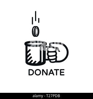 Donate coin vector logo. Donate and help. Charity, donation concept. Coin falls into the beggar's mug. Stock Vector