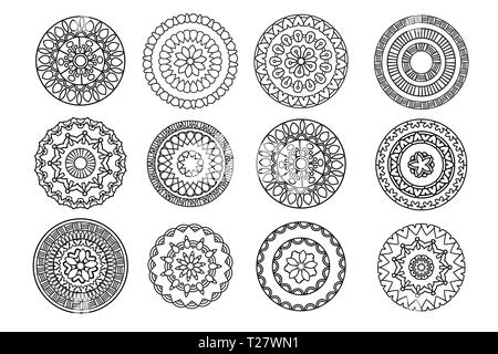 Mandala set. Round ornament. Ethnic decorative design elements collection. Black and white vector illustration. Isolated on white background Stock Vector