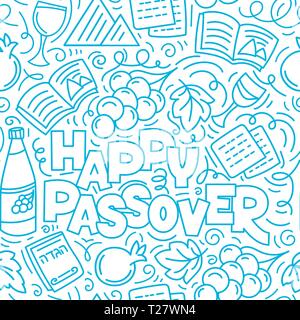 Passover seamless pattern (Jewish holiday Pesach). Hebrew text: happy Passover. Linear vector illustration doodle style. Isolated on white background. Stock Vector