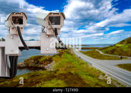 Radar speed control camera on the road Stock Photo