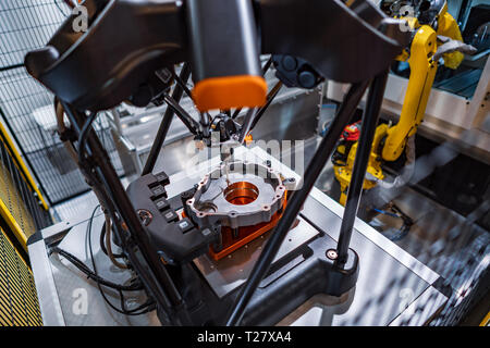 Quality control measurement probe. Metalworking CNC milling machine. Cutting metal modern processing technology. Small depth of field. Warning - authe Stock Photo