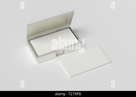 Silver business card box holder with blank business cards in stack on white background Stock Photo