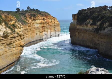Loch Ard Gorge is a stunning tourist attraction along the Great Ocean Road featuring a beautiful beach located 3 mins away from The Twelve Apostles. Stock Photo