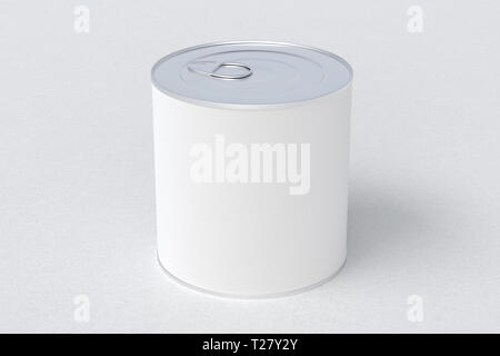 Blank white tin can food container with easy open pull ring on white background Stock Photo