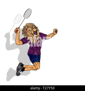 Badminton player, lion in human body, jumping to smash badminyon with shadow on white background. Animal playing sport. vector illustration. Stock Vector
