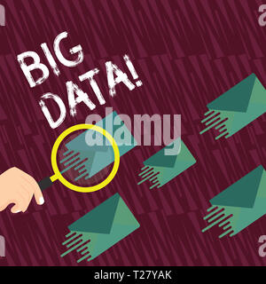 Text sign showing Big Data. Business photo text extremely large sets that may be analysed to reveal patterns Magnifying Glass on One Different Color E Stock Photo