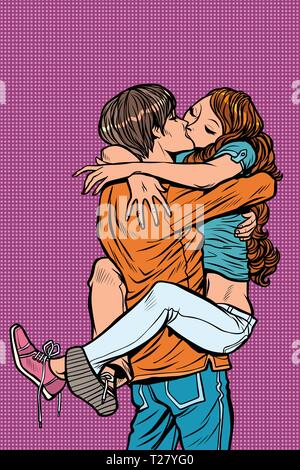 couple in love hugs passionate kiss. man holding woman in his arms Stock Vector