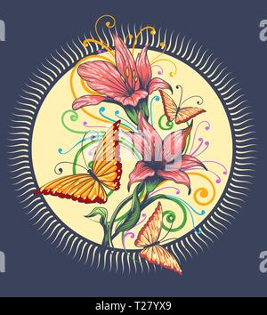 Orchid flowers and butterflies on a yellow sun shape frame. Vector illustration. Stock Vector
