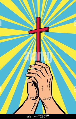 Christian cross in the light, hands of the believer Stock Vector
