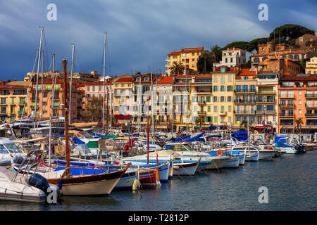 City of Cannes in France, view from Le Vieux Port to Le Suquet - the Old Town on French Riviera Stock Photo