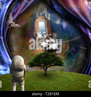 Surrealism. Flow of Time through space. Astronaut in the green field. Man with wings represents angels Stock Photo
