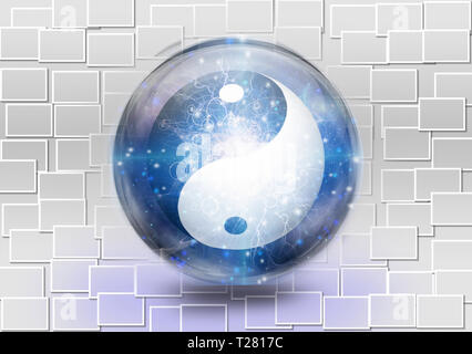 Yin Yang symbol is contained inside of glass sphere. 3D rendering Stock Photo