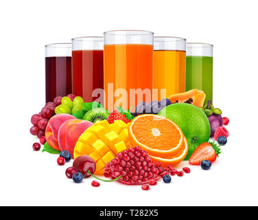 Isolated juices. Glasses of fresh juice and pile of tropical