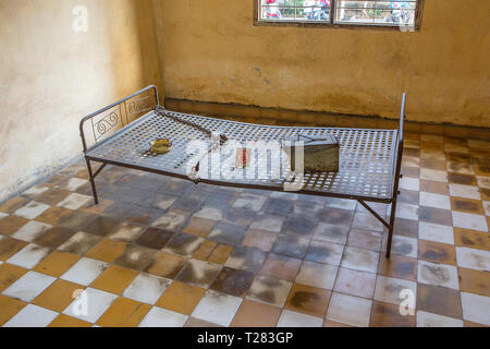 A cell at the S21 Tuol Sleng Genocide Museum, Phnom Penh, Cambodia. Stock Photo