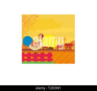 rooster crowing on the fence Stock Vector