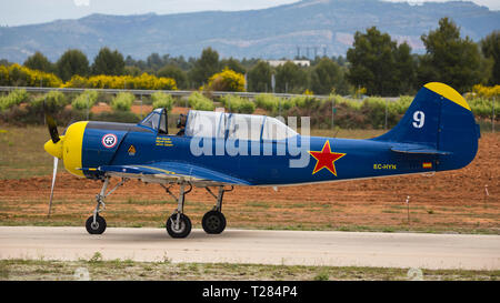 Acrobatic Spain Championship 2018, Requena (Valencia, Spain) junio 2018, pilot Javier Amor, airplane Jak 52. Stock Photo