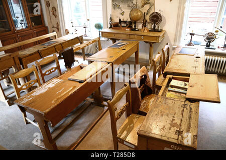 ÖREBRO 2017-03-14 School museum, in Wadköping, with a classroom from the 1920s. School bench with old school books. Photo Jeppe Gustafsson Stock Photo