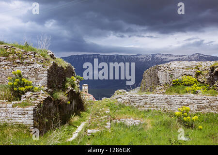 Gjirokaster, Albania : Gjirokastër Fortress with Mali i Gjere Mountains in background. First built before the 12th century, the castle has ben continu Stock Photo