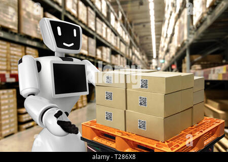 Industrial 4.0 , Augmented reality and 3d robot smart logistic concept. Hand holding tablet with AR application for check order pick time around the w Stock Photo