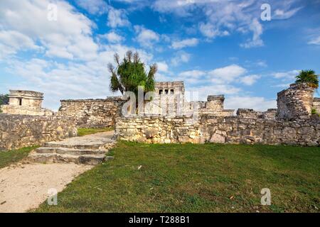 Ancient Mayan Ruins Citadel above Caribbean Sea near City of Tulum Archeological Site on Mexico Yucatan Peninsula Stock Photo