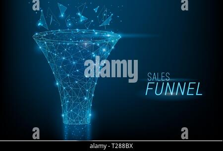 Sales funnel designed in 3D polygonal style,consisting of points, lines, and shapes on dark blue background. Vector big data or sales marketing funnel Stock Vector