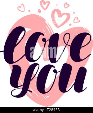 Love you, hand lettering. Valentine, calligraphy vector illustration Stock Vector