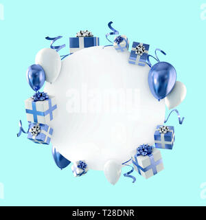 Party celebration composition with balloons and gift boxes. 3D Rendering Stock Photo