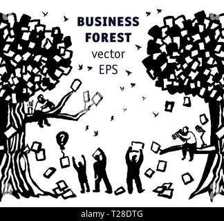 Abstract business forest people and documents black and white silhouette Stock Vector