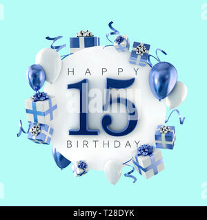 Happy 15th birthday party composition with balloons and presents. 3D Render Stock Photo