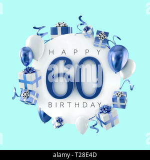 Happy 60th birthday party composition with balloons and presents. 3D Render Stock Photo