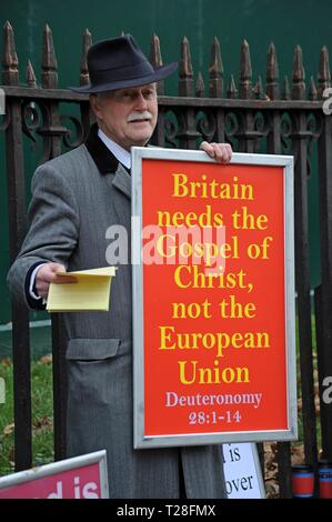 Pro Brexit Christian preachers opposite Parliament with placards during the Meaningful Vote protest and debate at Westminster 15th Jan 2019 Stock Photo