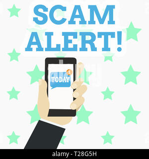 Writing note showing Scam Alert. Business concept for illegal trick usually with purpose of getting money from showing Human Hand Holding Smartphone w Stock Photo