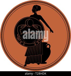 Zodiac in the style of Ancient Greece. Cancer. Girl dressed in a Greek peplum and earrings, placing a shield with the image of a crab and an amphora a Stock Vector