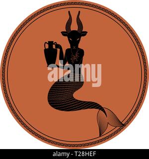 Zodiac in the style of Ancient Greece. Capricorn. Mythological figure of man with goat's head and fish tail holding an amphora. Black figure inscribed Stock Vector