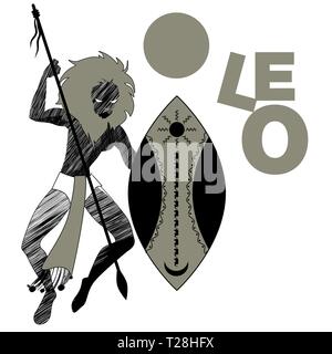 Tribal zodiac. Leo. Lion-headed man, holding a spear and holding a shield, dancing a tribal ...