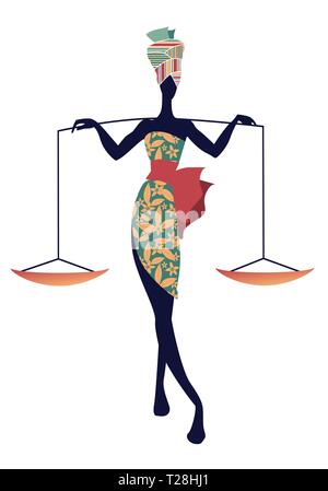 Tribal zodiac. Libra. Elegant woman in floral dress and turban, carrying a scale on her shoulders Stock Vector