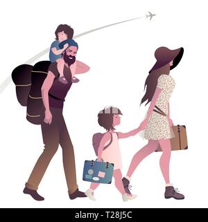 Traveling hipster family with suitcases and backpacks isolated on white background. Two children. Boy and Girl. Bearded father and beautiful mother wi Stock Vector