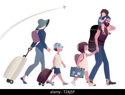 Traveling family with suitcases and backpacks isolated and plane on background Stock Vector
