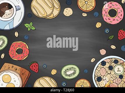 Set of morning breakfast elements on blackboard with space for text.  Tea, scrambled eggs. coffee, honey, pancakes. Stock Vector