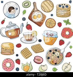 Set of morning breakfast elements isolated on white background.  Tea, scrambled eggs. coffee, honey, pancakes. Stock Vector