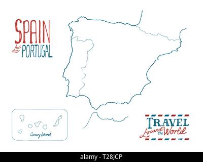 Map of Spain and Portugal drawn by hand on white background Stock Vector