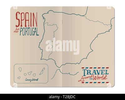 Map of Spain and Portugal drawn by hand in an open stapled travel notebook Stock Vector