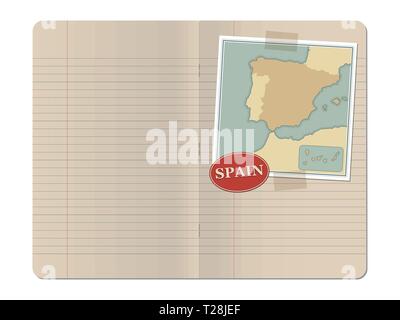 Blank stapled lines notebook with map of Spain and Portugal and masking tape isolated on white background Stock Vector