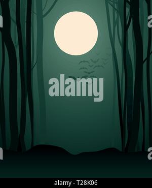 Foggy forest in the light of the full moon and flock of bats in the background Stock Vector