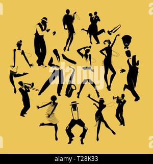 Silhouettes of dancers dancing Charleston and jazz musicians Stock Vector