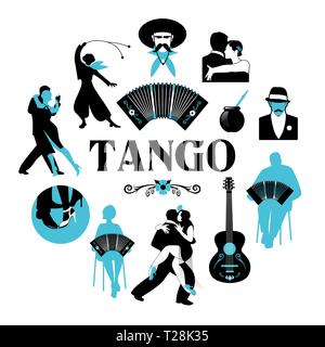 Symbolic silhouettes around the world of Tango. Dancers, gauchos, bandoneon, guitar Stock Vector